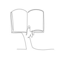 Hand holding an open book with a minimalist line drawing style vector