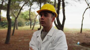 Engineer Gives Orders To Workers In A Forest With Trees video