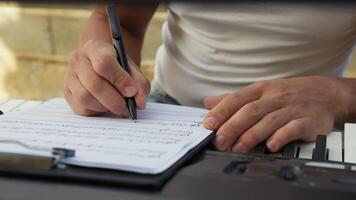 Man Writes Chords On Sheet Music And Study Keyboard video