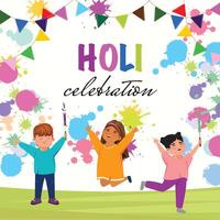 Colorful Holi celebration illustration with kids playing, jumping, and enjoying with pichkaris and bright powders vector