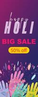 Holi sale flyer with multicolored hands throwing powdered colors, liquid splashes, and decorative elements on a festive purple background vector