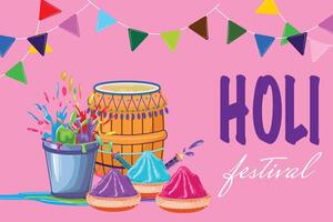 Pink horizontal Holi banner featuring a traditional drum, bucket splashing colors, and a decorative garland vector