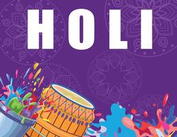 Holi festival banner featuring a bucket of colors splashing, a drum, and festive elements against a purple background with mandalas vector