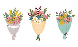 Set of colorful bouquets of summer wild flowers. Design element for greeting card, frame, poster, invitation. illustration vector