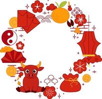 2033 Chinese new year greeting circle round frame with bull in graphic line illustration. cloud, lanterns, traditional elements lunar lantern festival vector