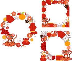 Chinese New year of Tiger 2034 graphic line round circle frame set. style banner frame scroll board decoration on transparent background CNY lantern festival vector