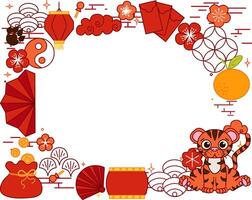 year of Tiger 2034 Chinese New Year template oval frame featuring traditional Chinese borders and a Tiger, celebrating the Year of the Tiger with festive elements. graphic line vector