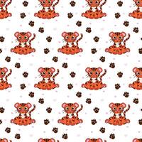 Seamless pattern with cute tiger and footsteps. graphic line illustration in flat style. Can be used for fabric, wrapping paper, scrapbooking, textile, poster etc. vector
