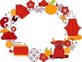 Chinese new year of bull 2033 oval frame template for your text. CNY lunar lantern festival related objects graphic illustration vector