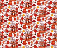 Chinese new year 2034 Tiger elements seamless pattern. graphic line Oriental traditional background. Greeting card ornament. Red packet elements and texture. vector