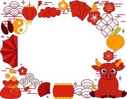 new year Chinese lantern festival 2033 bull graphic line art style with hanging red lanterns. oval frame in rectangle graphic template for your text vector
