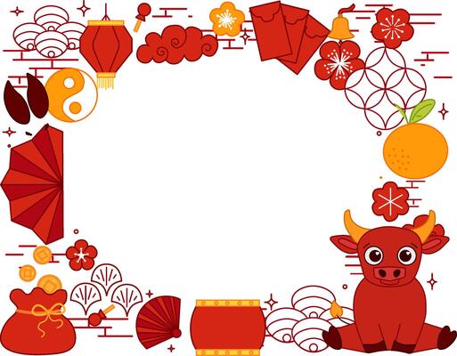 new year Chinese lantern festival 2033 bull graphic line art style with hanging red lanterns. oval frame in rectangle graphic template for your text