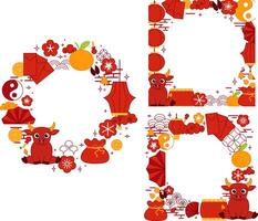 China new year 2033 bull circle round frame set. graphic line templates Year of the Bull, Lunar Lantern festival background material. vector
