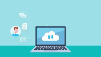 A laptop on a desk with icons and avatars hanging from it. Business and education, Icons of documents, gears, calendar, light bulb. Cloud icon with data transfer. Animation in flat style. Clip in 4k. video