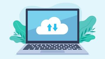 Modern laptop with data transfer cloud. The cloud on the laptop screen has a down and up arrow. Cloud data storage. Animation in flat design style. video