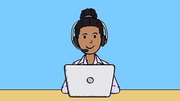 A tech support worker is working on a laptop. She is talking to a customer. She is smiling and dressed business casual. The character speaks in an easy-to-edit loop. 2D hand drawn animation video