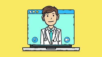 The messenger page appears on the laptop screen. It displays a doctor. The doctor is talking to the patient. The conversation is in the elimination rounds for the general release. 2d animation. video