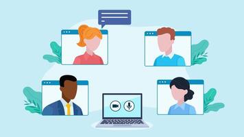 Conversation of students, employees, friends. Laptop with camera and microphone icon. Above it, messenger app tiles with character avatars. video