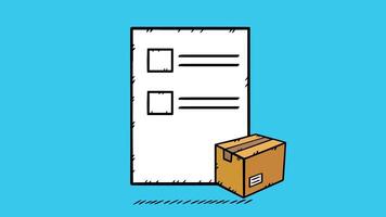 Doodle style animation. Card with checklist and package. Confirmation of sending the package. Saving data. Compliance of the goods. Approved checkmarks turn green. Sketch style clip. video