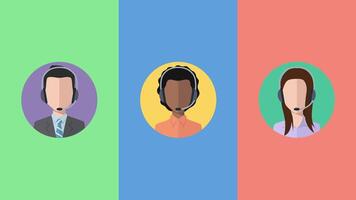 Three customer support avatars. Flat design animation. The middle avatar appears first, then the two side ones. Animation in resolution up to 4K. Team of workers with headset. video