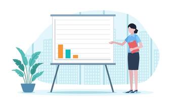 A woman stands in an office in front of a flipchart. On which economic data is presented. The woman holds a notebook in her hand. Flat design illustration. video