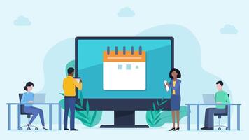 The calendar with the notification appears on the monitor screen. There are employees nearby and they perform their duties. Icons and chat bubbles appear around you. Animation in flat style. video
