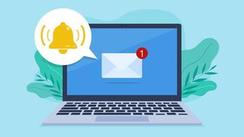 There is an orange email envelope on the laptop screen. Next to the envelope there is a white speech bubble with a red bell icon.. Flat design video