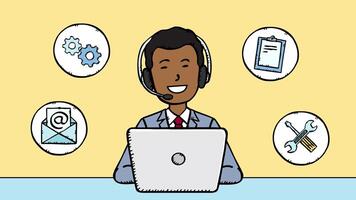 Customer service office. Men working on laptop with help desk icons around him. Cartoon style, hand drawn animation. Character is in easy to edit speaking loop. video