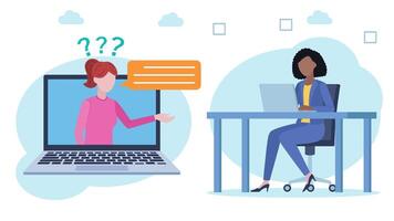 Client and customer support. The client appears on the laptop screen with a speech bubble and question marks. Next to her, the employee at the desk with answers. Five stars of satisfaction. video