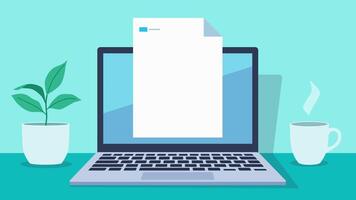 The laptop rules the desk. Next to the laptop is a cup of coffee and a flower. A document with an animated chart appears on the laptop screen. Flat design 2D animation. video