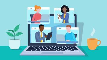 A desk with a laptop on it. Tiles with images of employees during a meeting appear on the laptop screen. Fleet-style animation of an online employee meeting. video