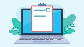 A notebook appears on the laptop screen. A checklist is drawn on the notebook. The checklist is then filled with positive responses. Animation in flat style. video