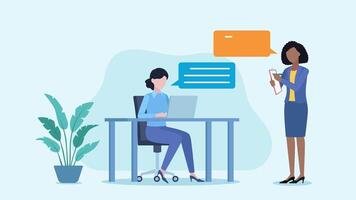 Conversation between female employees in the office. Conversation clouds appear next to the characters. A woman sits at a desk and writes on a laptop. The figure stands and takes notes. video