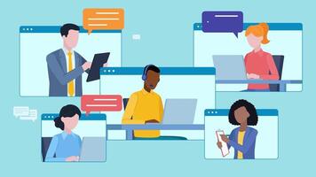 Online employee chat. A few people at a team meeting. Characters appear on online application tiles. They work and discuss relevant tasks among themselves. Flat style animation. video