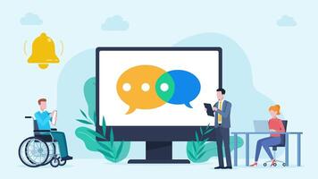 Monitor screen with a cloud icon appearing on it. Around the monitor are employees. Next to which conversation bubbles appear. Message, email and gear icon are animating around monitor. 2D animation. video