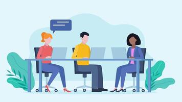 Three people working and writing on computers. Coworkers having conversation. Diverse team. People sitting on dest and typing. Animation in flat design style video