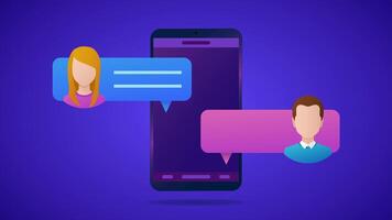 A cell phone with text messages between two people. The messages have avatars of a woman and a man. Flat style animation in resolution up to 4k. Sms, and text messages. video