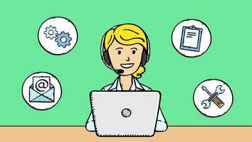 A customer support worker is working on a laptop. She is talking to a customer. She is smiling and dressed business casual. The character speaks in an easy-to-edit loop. 2D hand drawn animation. video