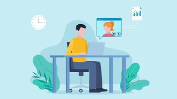 A man works at a desk. She is writing on a laptop, from which there is a speech bubble with the co-worker's avatar, next to which icons of a document, e-mail, conversation bubble appear. Flat style. video