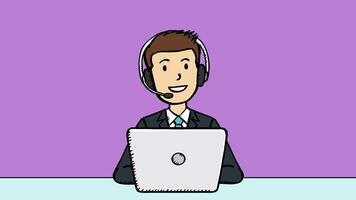 Doodle of customer service representative works on laptop. He has headset on. He talks to customer. Conversation animation is in easy to edit loop. 2D cartoon style animation. video
