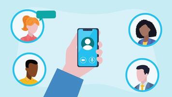 Clip of a hand holding a phone with avatars of users talking next to it. Conversation bubbles appear next to avatars. Conversion of several people. Animation in flat design style. video