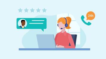 Customer support women having conversation with client. Animation in flat design style. Woman working as customer support. Having headset on and writing on laptop. 24of 7 open. Five-star rating video
