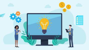 A monitor with a light bulb. Next to the monitor are employees taking notes and analyzing data. Around the monitor are icons of a document with a checklist, coins, and gears. 2D flat design animation video