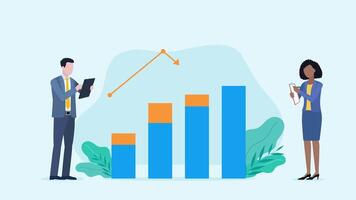 gráfico mostrando desenvolvimento. empregados ficar de pé Próximo para a gráfico. a gráfico gradualmente anima. a personagens levar notas dentro uma caderno e analisar dados em uma tábua. animação dentro plano estilo. video