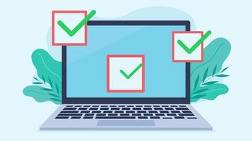 The fields appear on the laptop screen and are then filled with checkmarks. The checkmarks appear sequentially, one after the other. Correct selections. Animation in flat style design. video