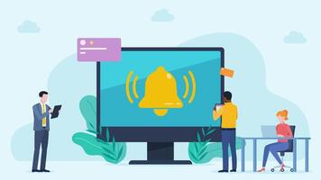 Notification alert appearing on the monitor screen. Customer comments appear around the monitor along with a five-star rating. Next to it, employees analyze data. Animation in flat style video
