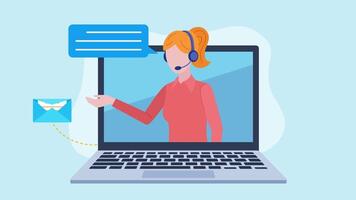 Animation of a laptop with a customer advisor appearing on the screen. a speech bubble animates next to the character and icons of email, gears and a document with a chart and data appear. video