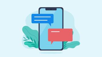 Mobile phone animation with chat clouds appearing. Clip in flat style. SMS conversion between people. Sending and exchanging information video