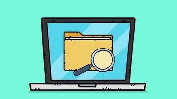A folder appears on the monitor screen. The folder is viewed through a magnifying glass. When a computer is recognized. The antivirus alarm starts. Hand-drawn animation in a 2D cartoon style. video