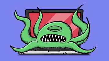 Animation in sketch style. A virus appears on the laptop screen. The virus is terrible and dangerous. The laptop has been hacked. Your computer data is at risk. Doodle style video
